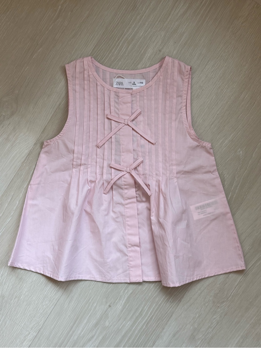 ZARA Girls Pale Pink Pintuck Bow Sleeveless Blouse 5T NWT